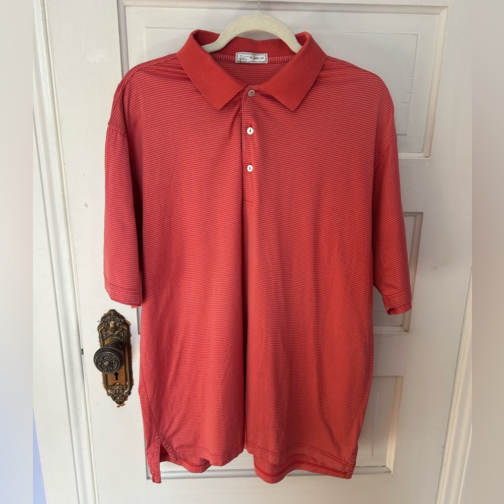 Peter Millar Striped coral Red Polo Shirt 100% Cotton Large L Casual Golf